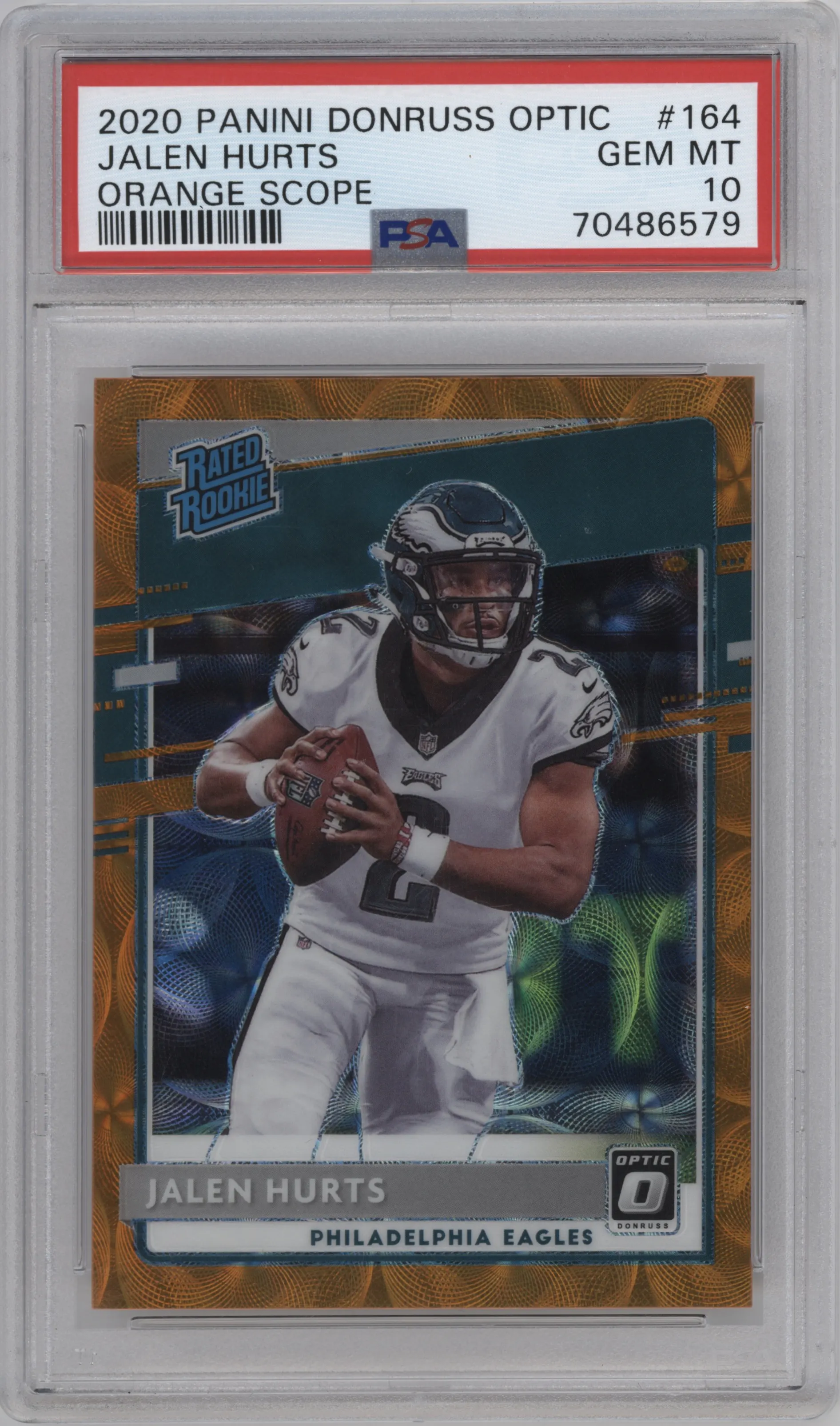 Jalen Hurts from the 2020 Panini Donruss Optic set featuring a Orange Scope parallel graded by PSA and given an overall grade of 10.