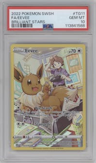 Eevee from the 2022 Pokemon SWSH set graded by PSA and given an overall grade of 10.