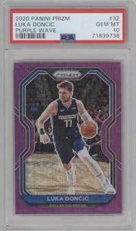Luka Doncic from the 2020-21 Panini Prizm set featuring a Purple Wave parallel graded by PSA and given an overall grade of 10.