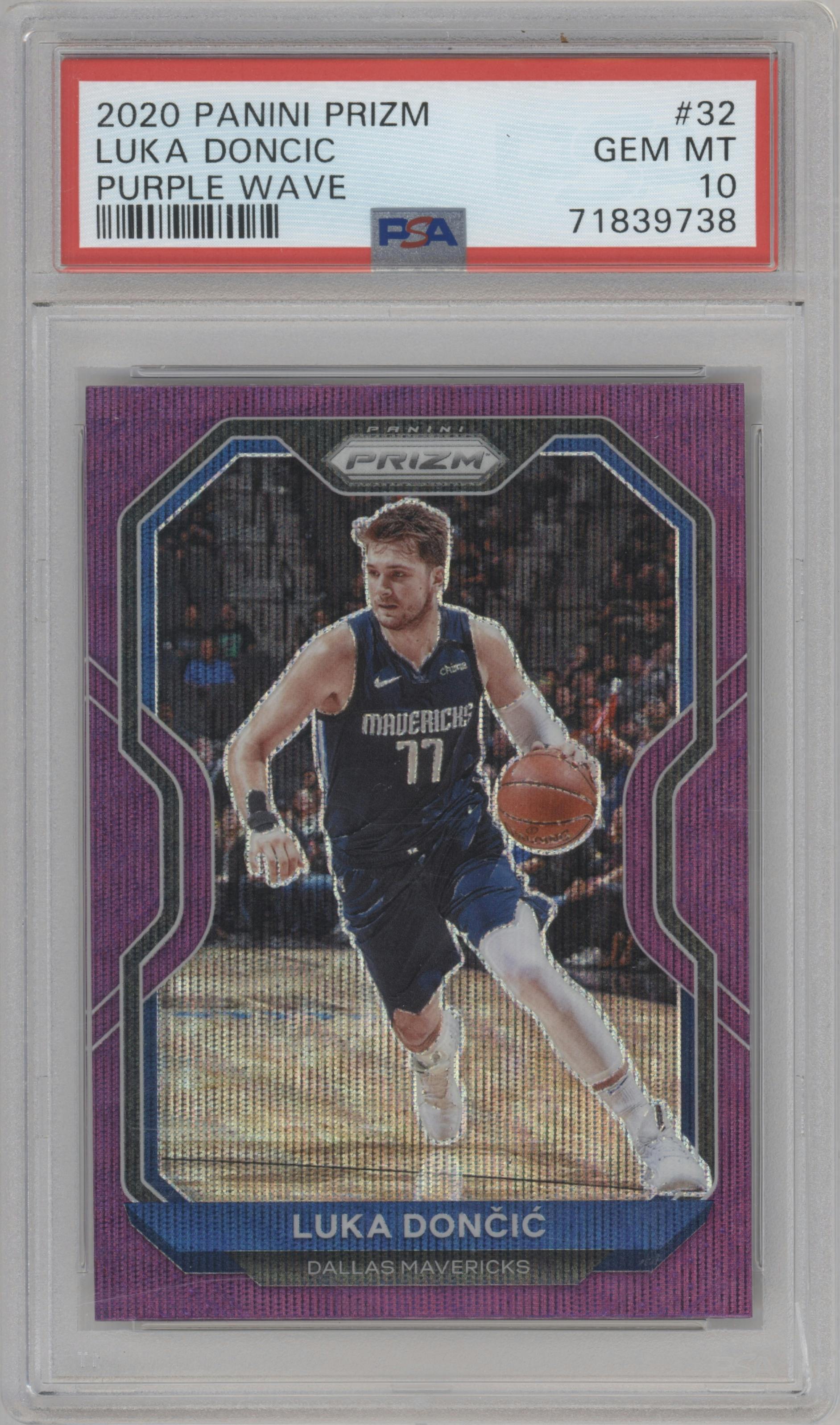 Luka Doncic from the 2020-21 Panini Prizm set featuring a Purple Wave parallel graded by PSA and given an overall grade of 10.
