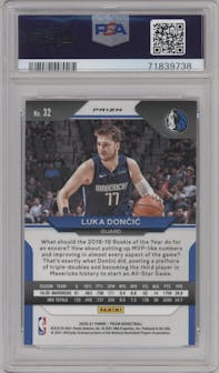 Luka Doncic from the 2020-21 Panini Prizm set featuring a Purple Wave parallel graded by PSA and given an overall grade of 10.