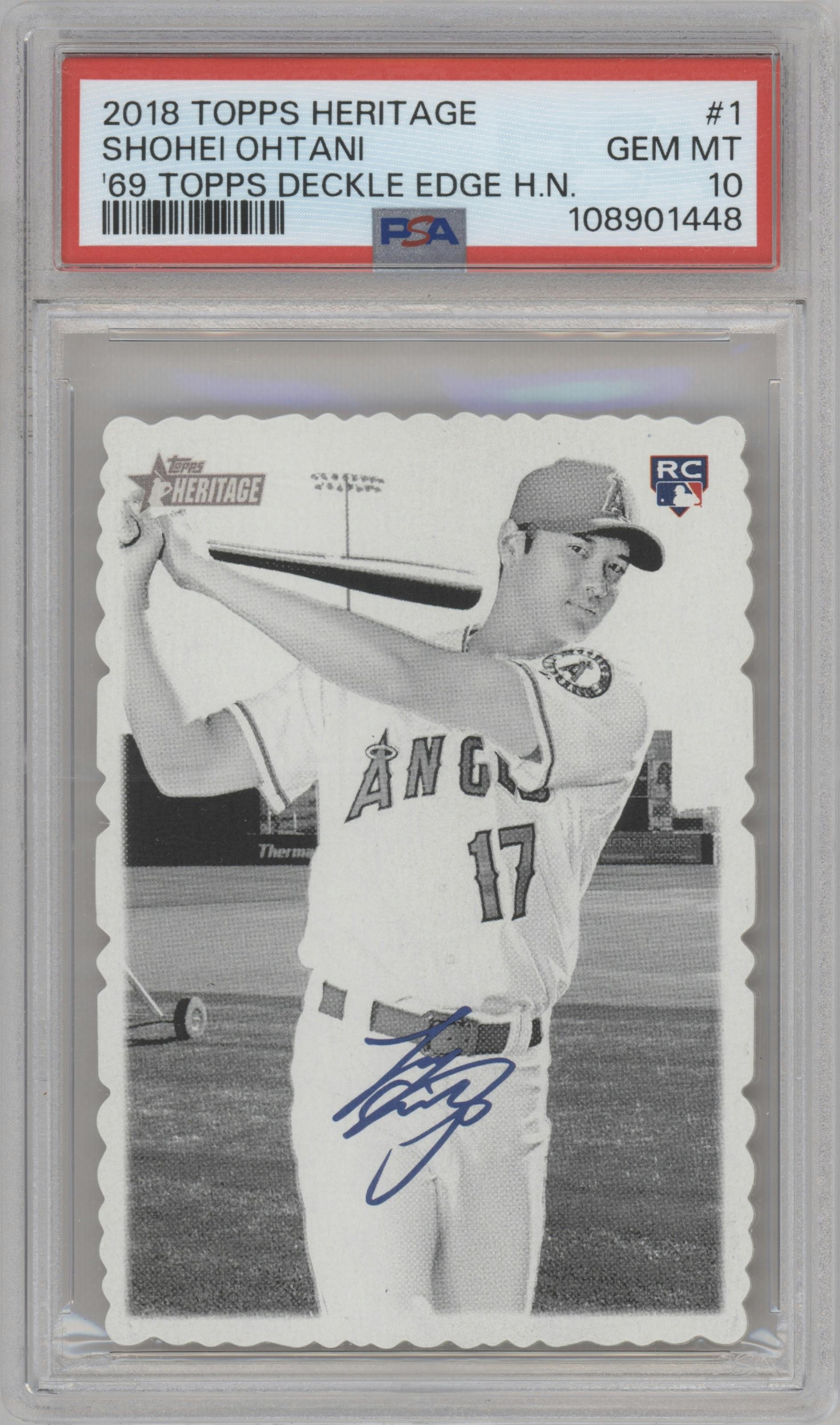 Shohei Ohtani from the 2018 Topps Heritage High Number set graded by PSA and given an overall grade of 10.