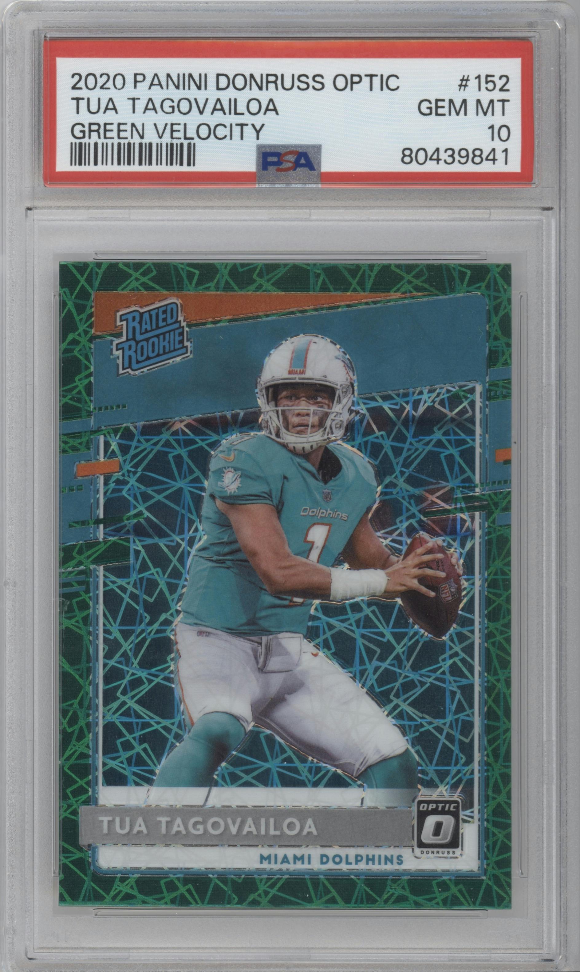 Tua Tagovailoa from the 2020 Panini Donruss Optic set featuring a Green Velocity parallel graded by PSA and given an overall grade of 10.