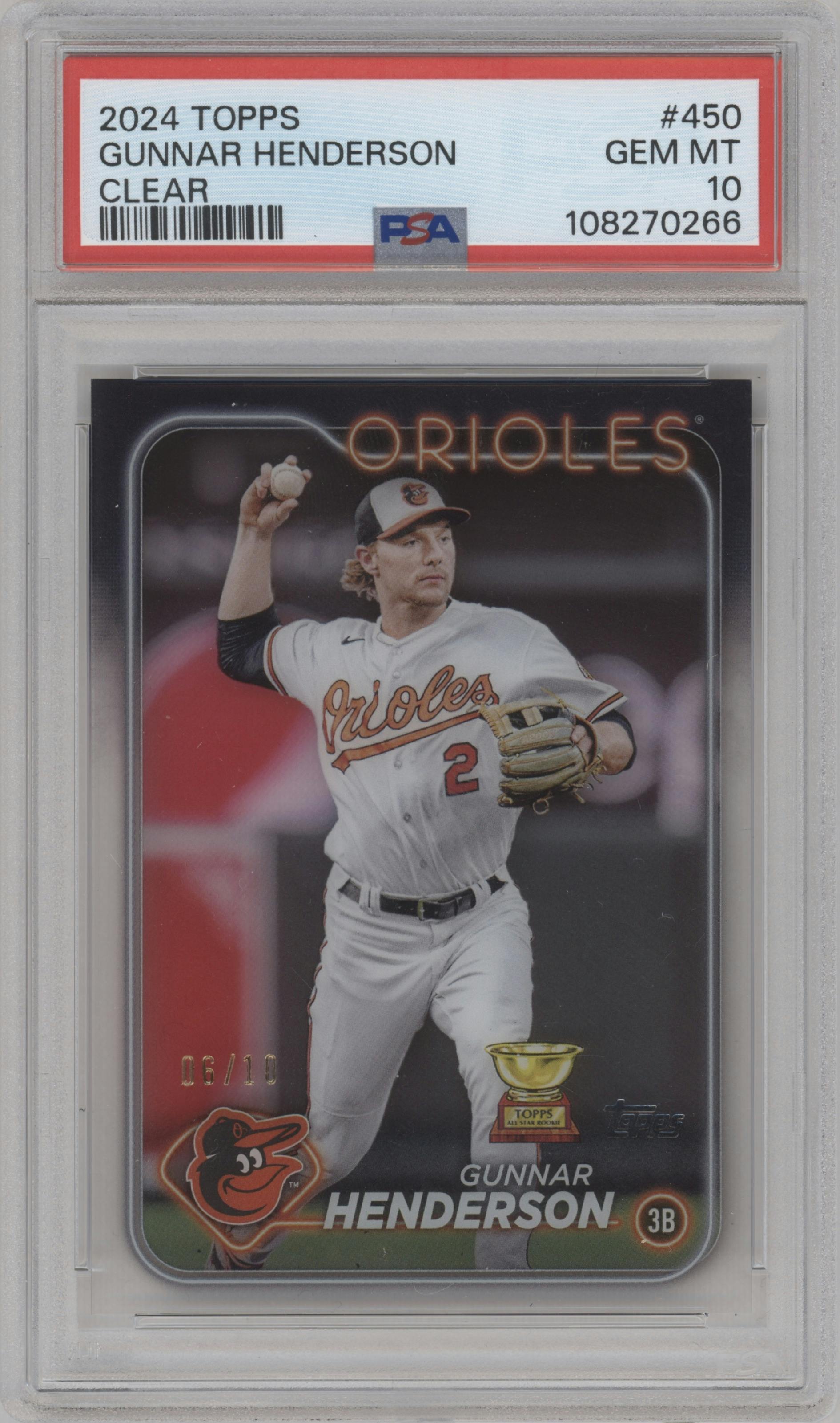 Gunnar Henderson from the 2024 Topps  set featuring a Clear parallel graded by PSA and given an overall grade of 10.