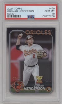 Gunnar Henderson from the 2024 Topps set featuring a Clear parallel graded by PSA and given an overall grade of 10.