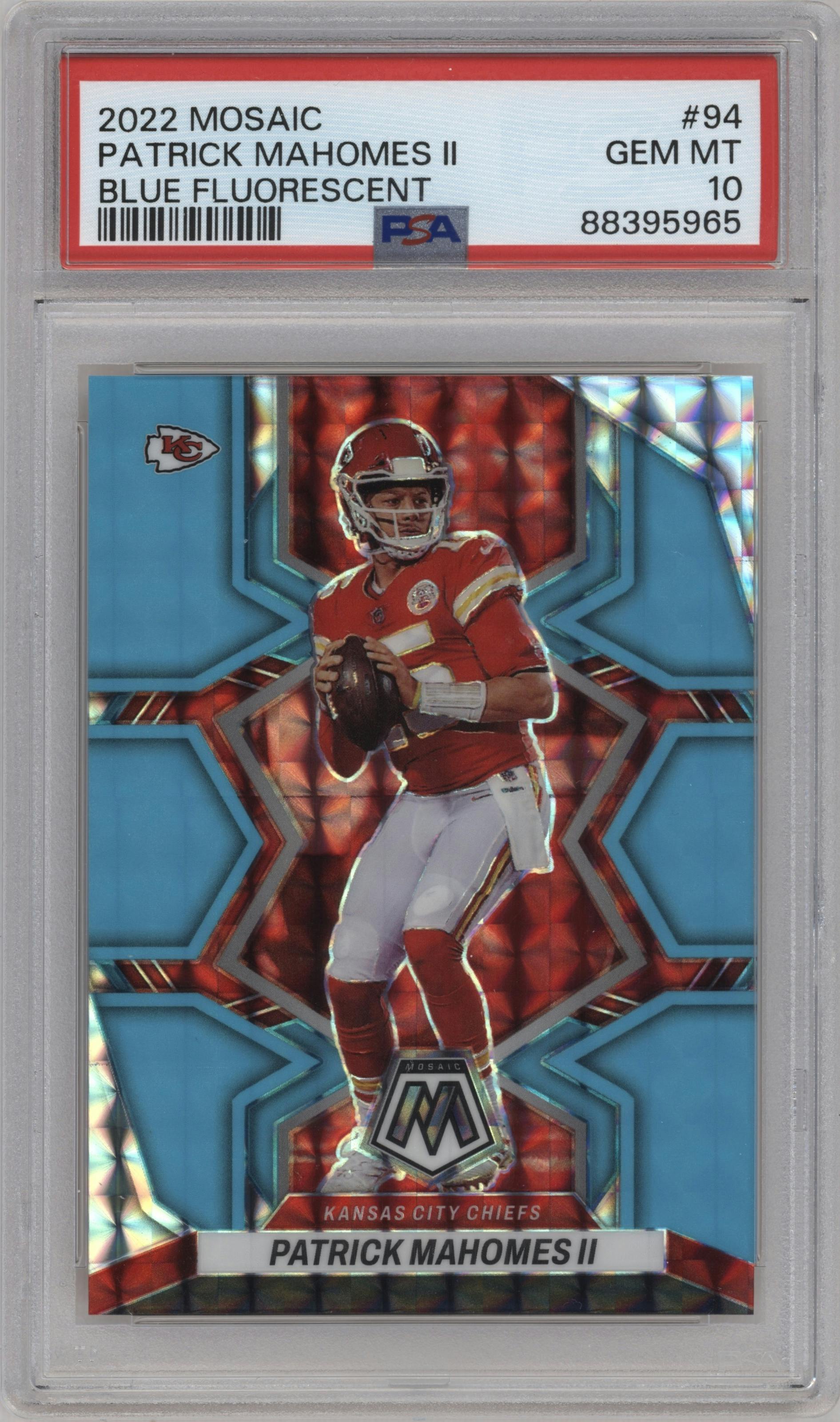  Patrick Mahomes II  from the 2022 Panini Mosaic set featuring a Blue Fluorescent parallel graded by PSA and given an overall grade of 10.