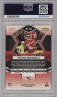 Patrick Mahomes II from the 2022 Panini Mosaic set featuring a Blue Fluorescent parallel graded by PSA and given an overall grade of 10.
