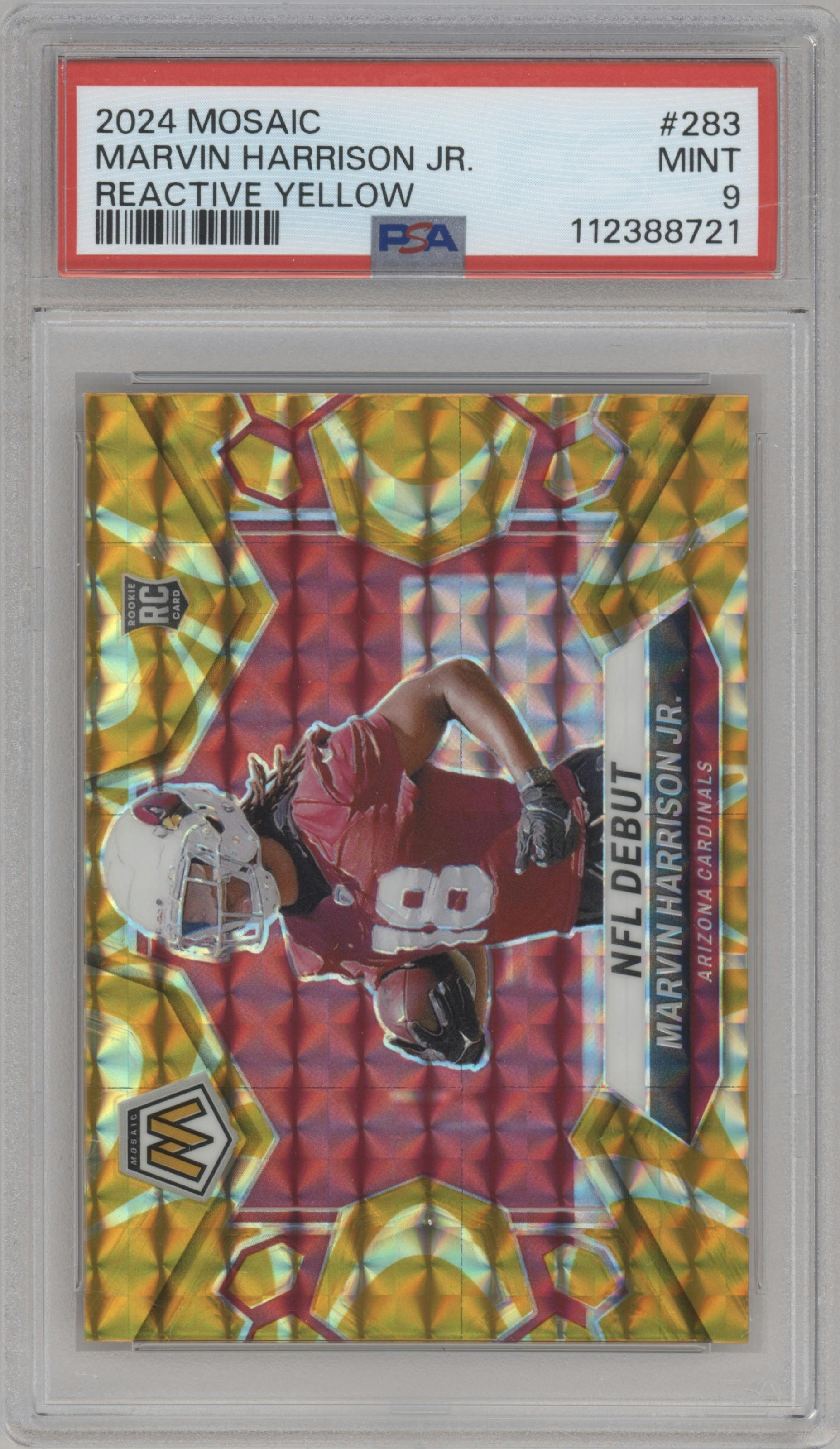 Marvin Harrison Jr. from the 2024 Panini Mosaic set featuring a Reactive Yellow parallel graded by PSA and given an overall grade of 9.