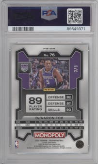 De'Aaron Fox from the 2023-24 Panini Prizm Monopoly set featuring a Black Gold parallel graded by PSA and given an overall grade of 10.