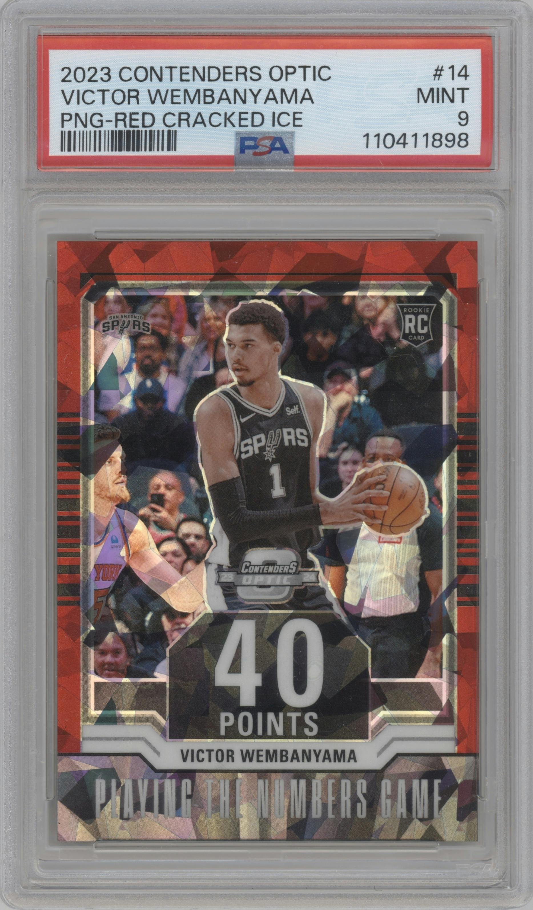 Victor Wembanyama from the 2023-24 Panini Contenders Optic set featuring a Red Cracked Ice parallel graded by PSA and given an overall grade of 9.