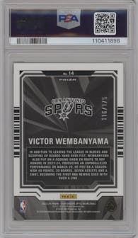Victor Wembanyama from the 2023-24 Panini Contenders Optic set featuring a Red Cracked Ice parallel graded by PSA and given an overall grade of 9.