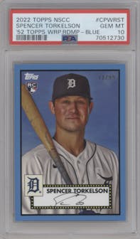 Spencer Torkelson from the 2022 Topps NSCC Bowman Chrome set featuring a Blue parallel graded by PSA and given an overall grade of 10.