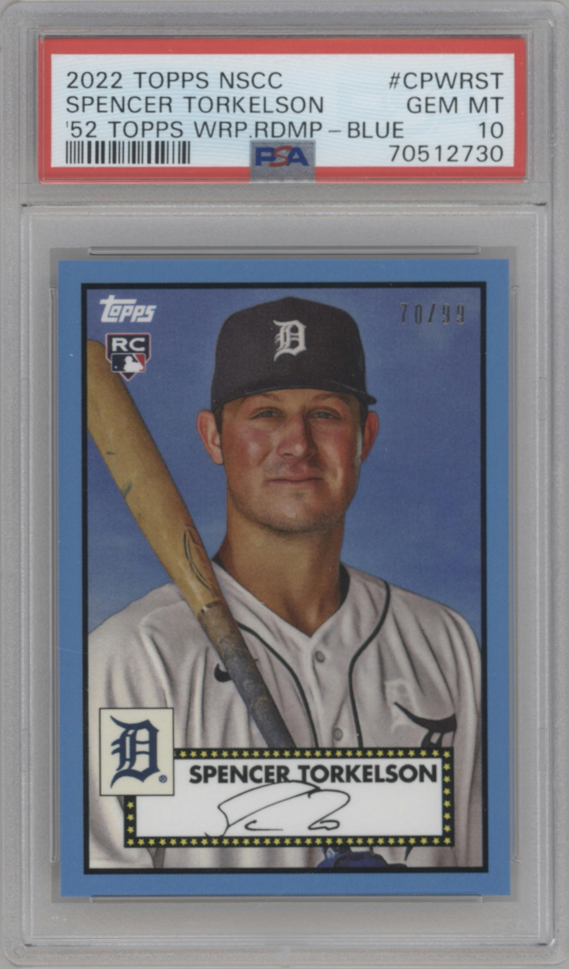 Spencer Torkelson from the 2022 Topps NSCC Bowman Chrome set featuring a Blue parallel graded by PSA and given an overall grade of 10.