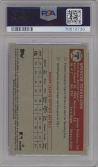 Spencer Torkelson from the 2022 Topps NSCC Bowman Chrome set featuring a Blue parallel graded by PSA and given an overall grade of 10.