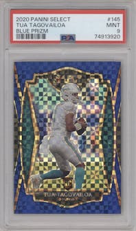 Tua Tagovailoa from the 2020 Panini Select set featuring a Blue Prizm parallel graded by PSA and given an overall grade of 9.