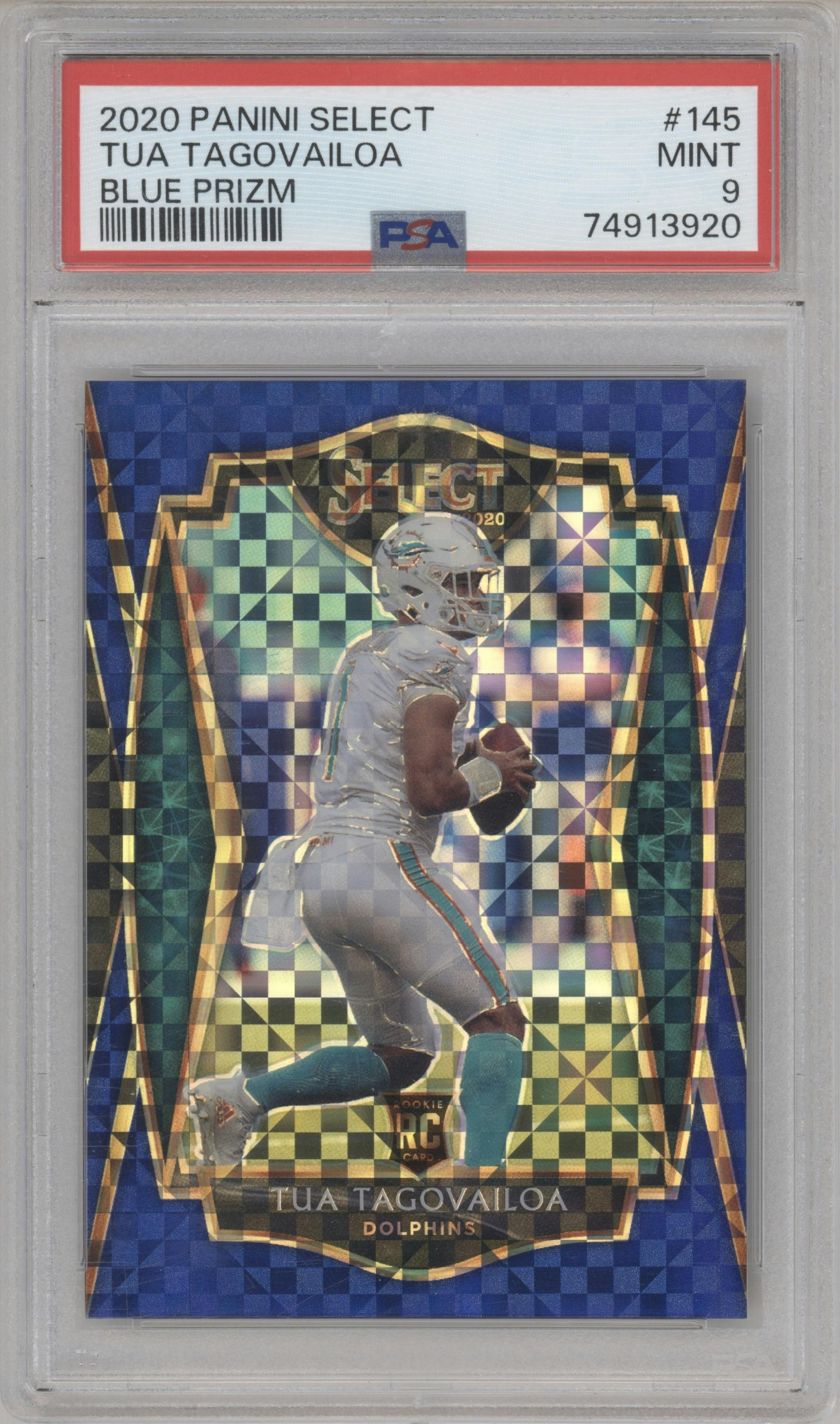 Tua Tagovailoa from the 2020 Panini Select set featuring a Blue Prizm parallel graded by PSA and given an overall grade of 9.