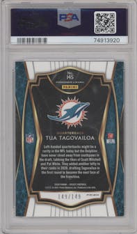Tua Tagovailoa from the 2020 Panini Select set featuring a Blue Prizm parallel graded by PSA and given an overall grade of 9.