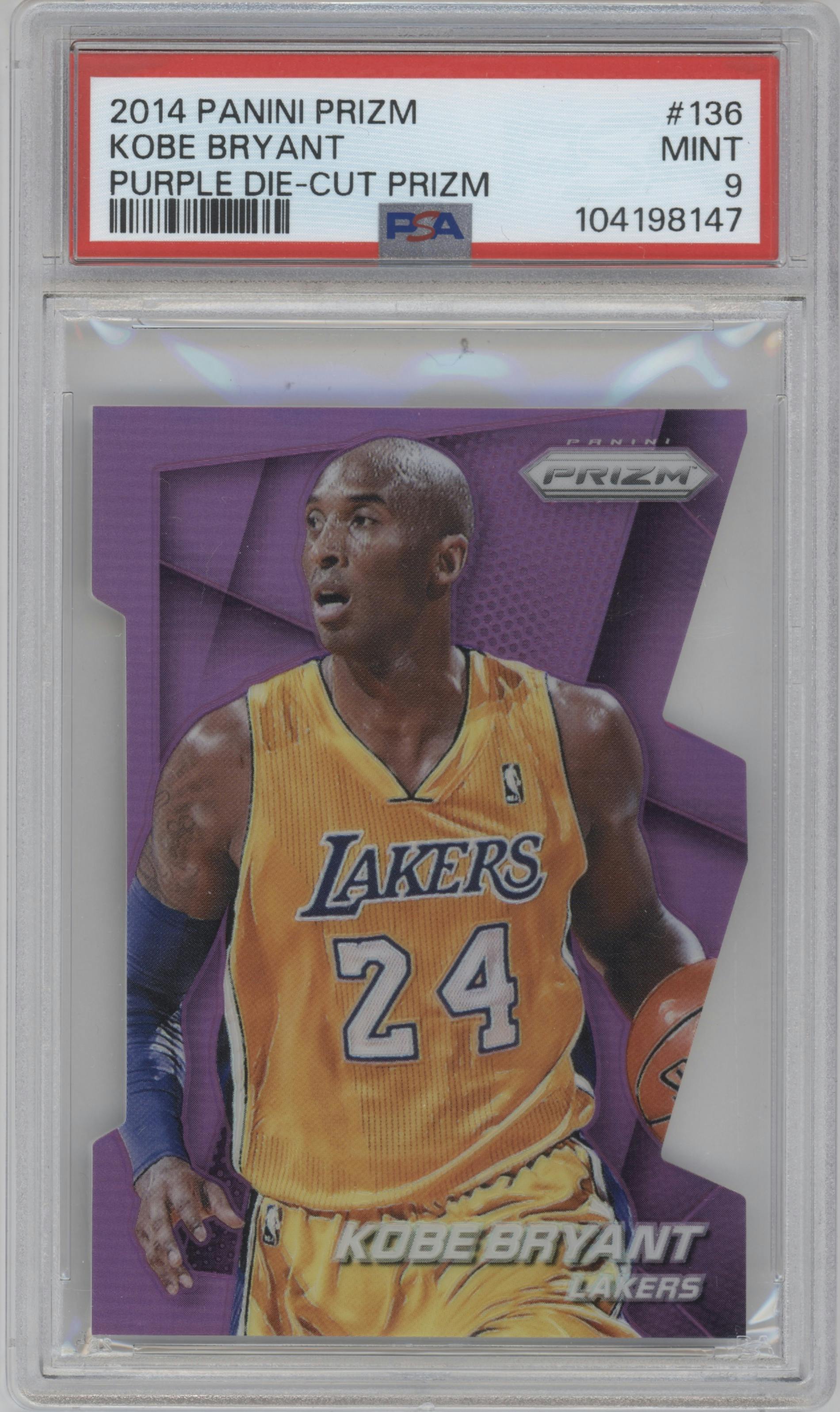 Kobe Bryant from the 2014-15 Panini Prizm set featuring a Die-Cut Purple parallel graded by PSA and given an overall grade of 9.