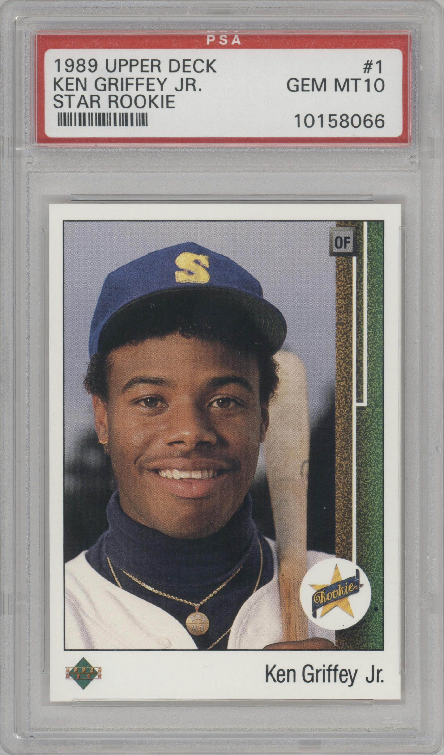 Ken Griffey Jr. from the 1989 Upper Deck set graded by PSA and given an overall grade of 10.