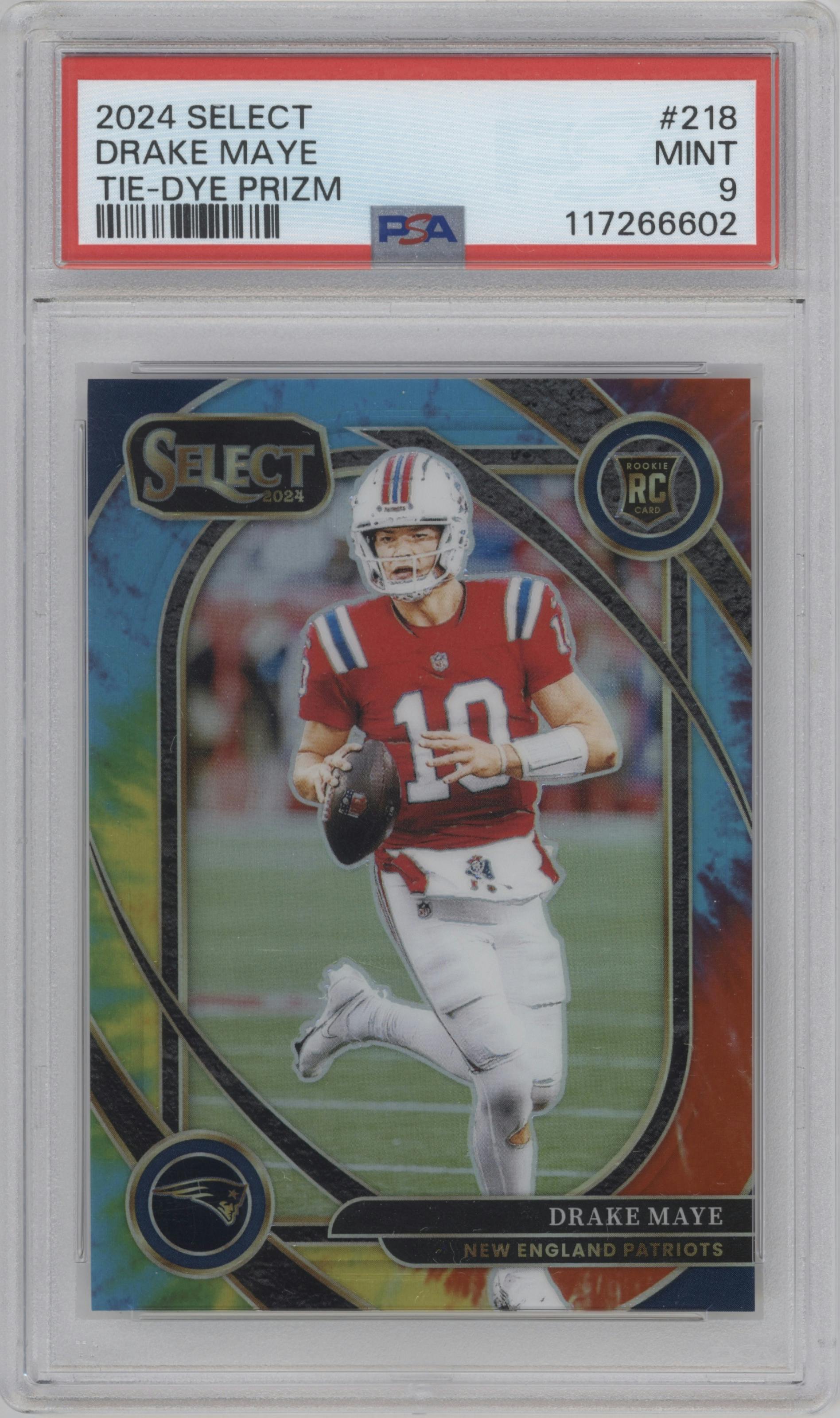 Drake Maye from the 2024 Panini Select set featuring a Tie-Dye Prizm parallel graded by PSA and given an overall grade of 9.