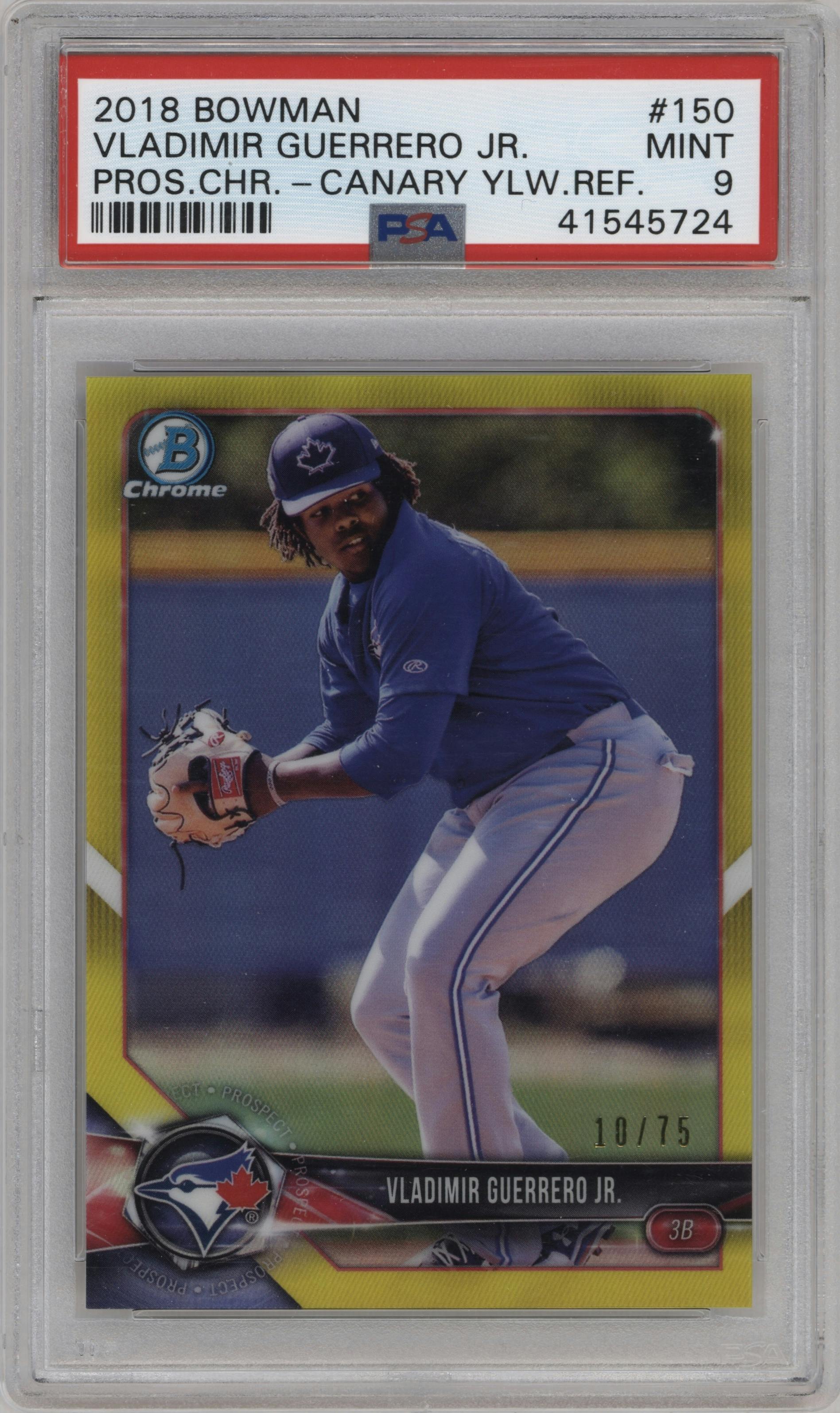 Vladimir Guerrero Jr. from the 2018 Bowman set featuring a Canary Yellow Refractor  parallel graded by PSA and given an overall grade of 9.