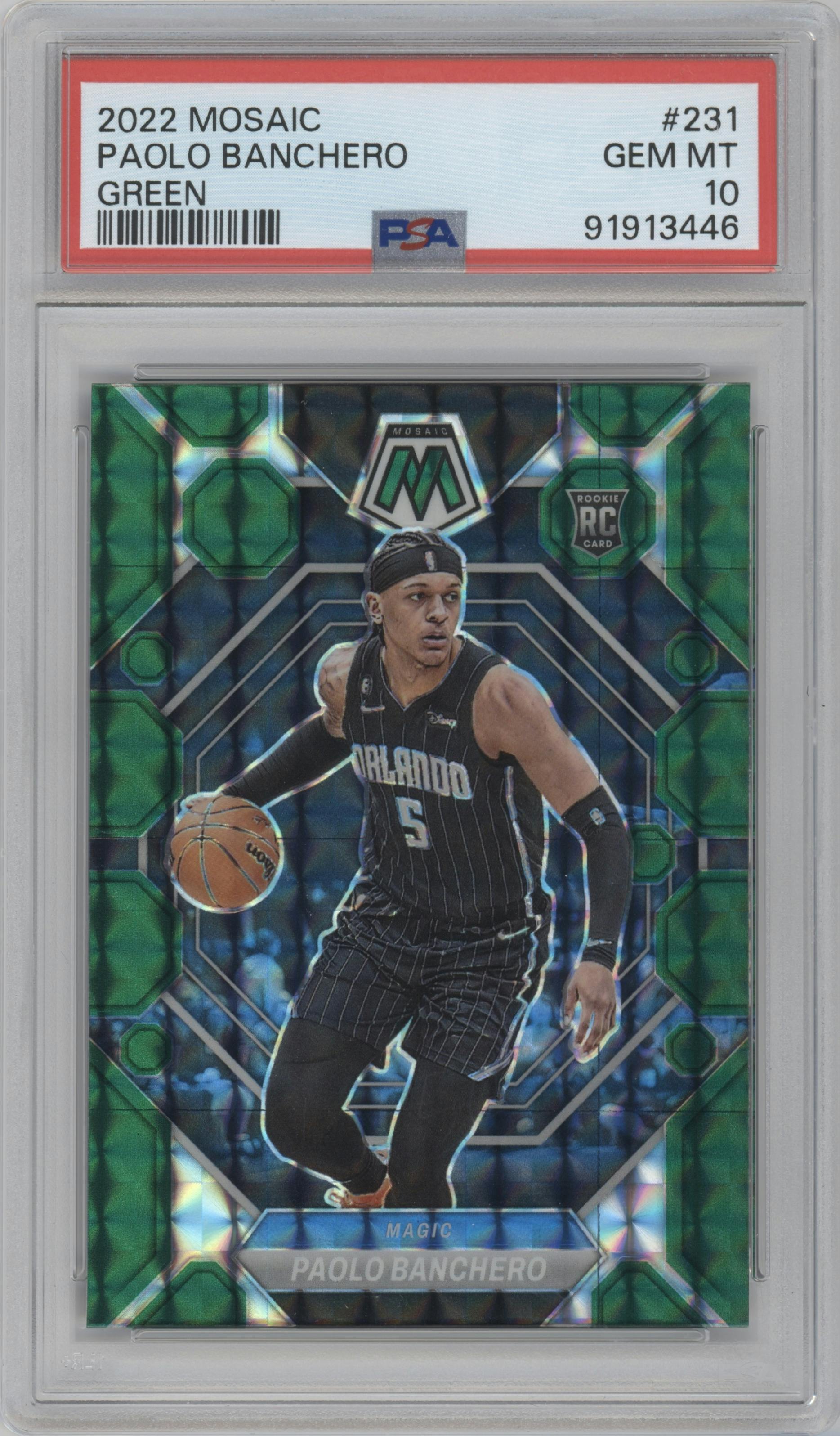 Paolo Banchero from the 2022-23 Panini Mosaic set featuring a Green Mosaic parallel graded by PSA and given an overall grade of 10.