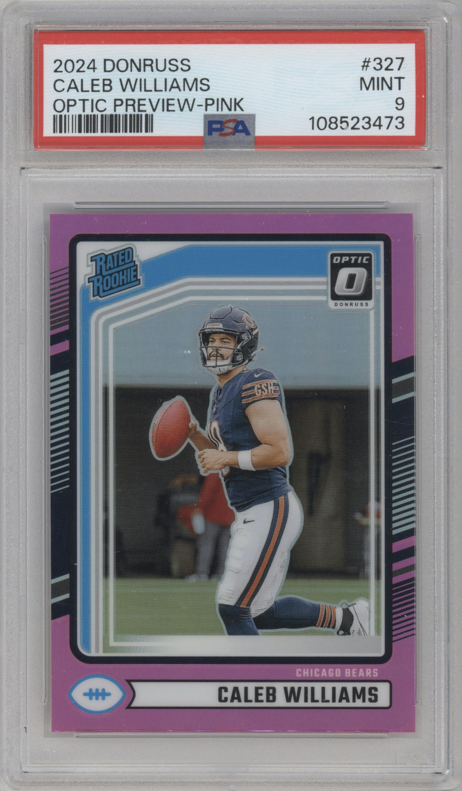 Caleb Williams from the 2024 Donruss set featuring a Pink parallel graded by PSA and given an overall grade of 9.