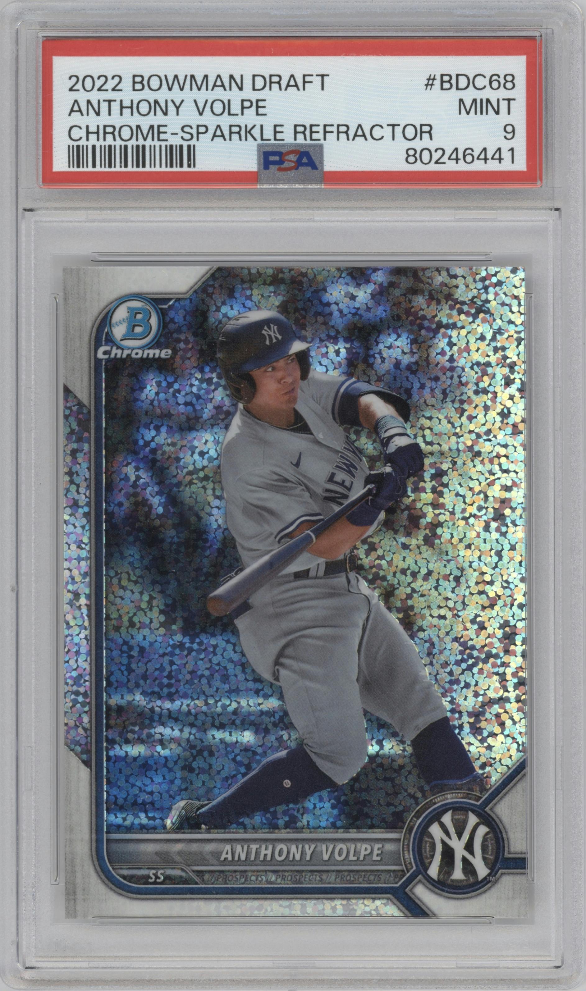 Anthony Volpe from the 2022 Bowman Draft set featuring a Sparkle Refractor parallel graded by PSA and given an overall grade of 9.
