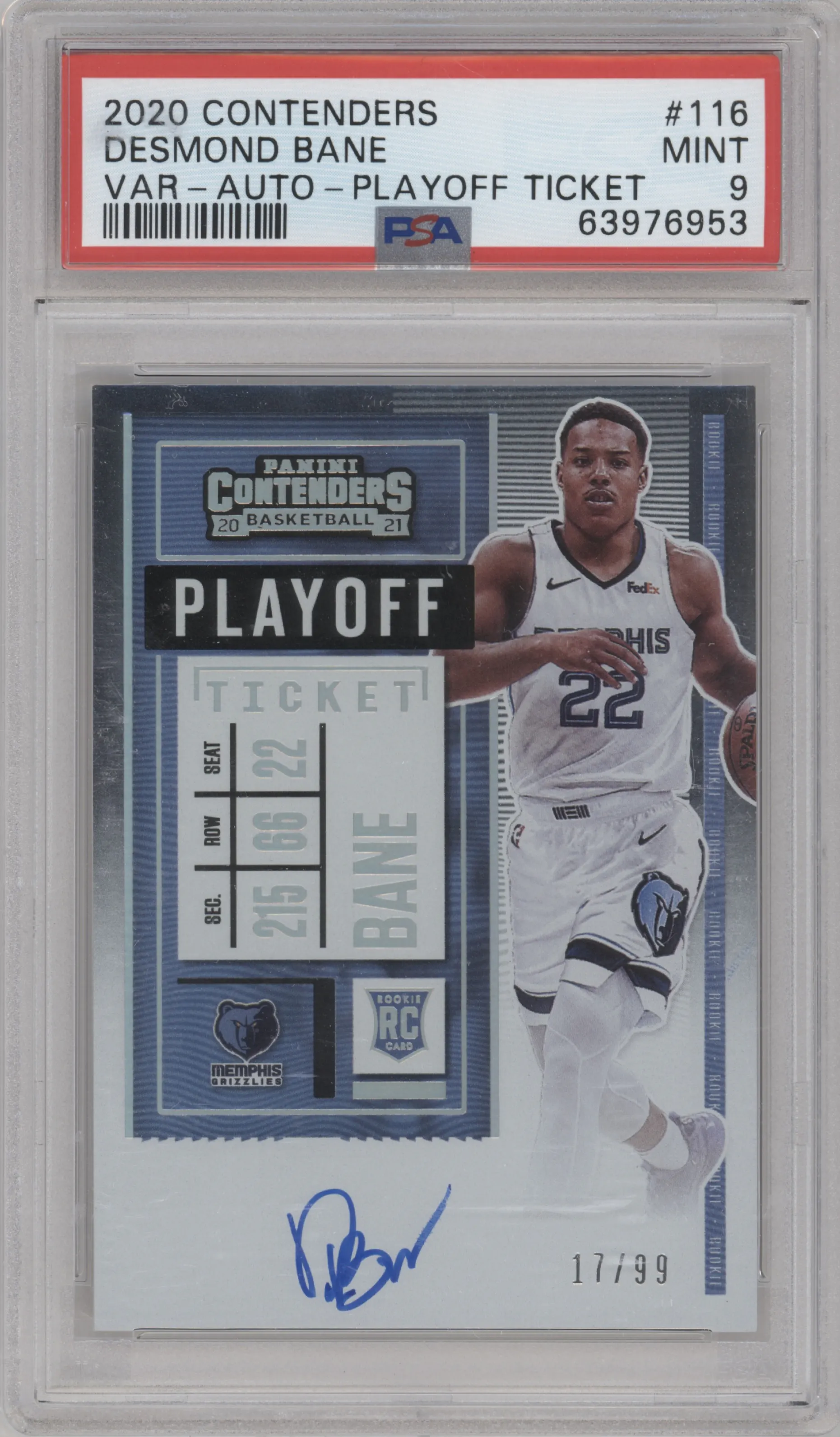 2020 Panini Contenders Rke.Tkt.Var.Auto Desmond Bane Playoff Ticket PSA 9