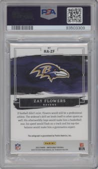 Zay Flowers from the 2023 Panini Impeccable set featuring a Silver parallel graded by PSA and given an overall grade of 10.