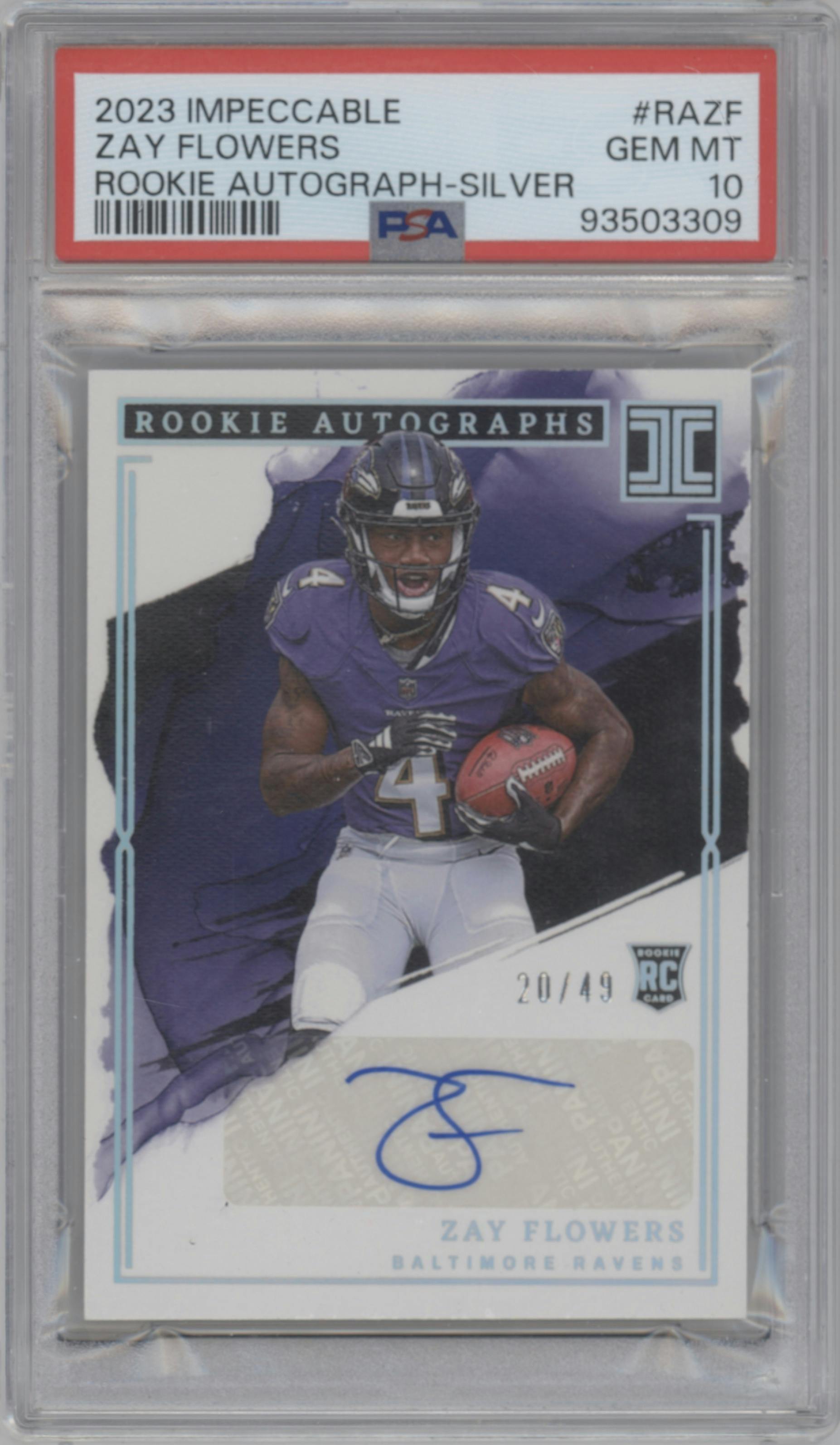 Zay Flowers from the 2023 Panini Impeccable set featuring a Silver parallel graded by PSA and given an overall grade of 10.