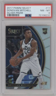 Donovan Mitchell from the 2017-18 Panini Select set featuring a Silver Prizm  parallel graded by PSA and given an overall grade of 8.