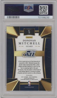 Donovan Mitchell from the 2017-18 Panini Select set featuring a Silver Prizm  parallel graded by PSA and given an overall grade of 8.
