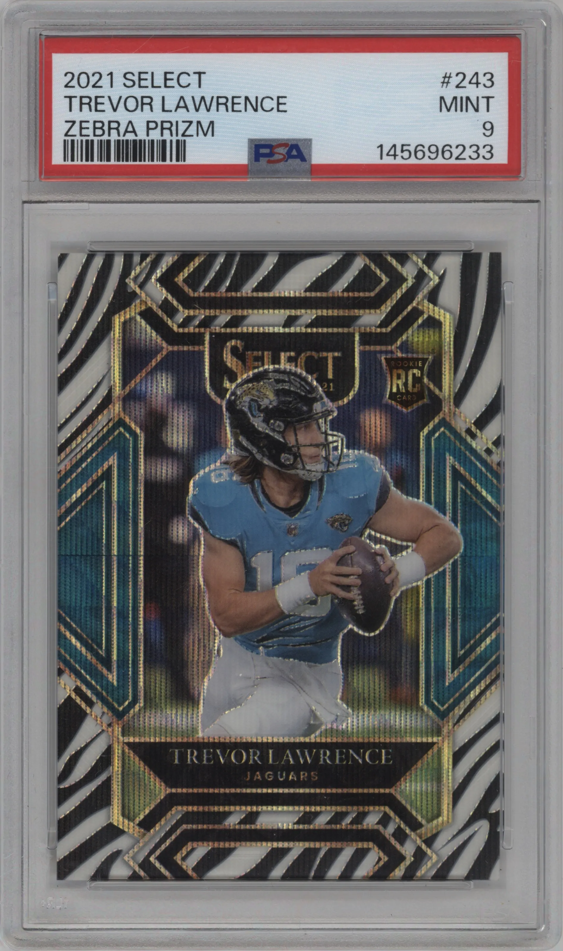 2021 Panini Select Club Lvl. Trevor Lawrence Zebra Prizm PSA 9