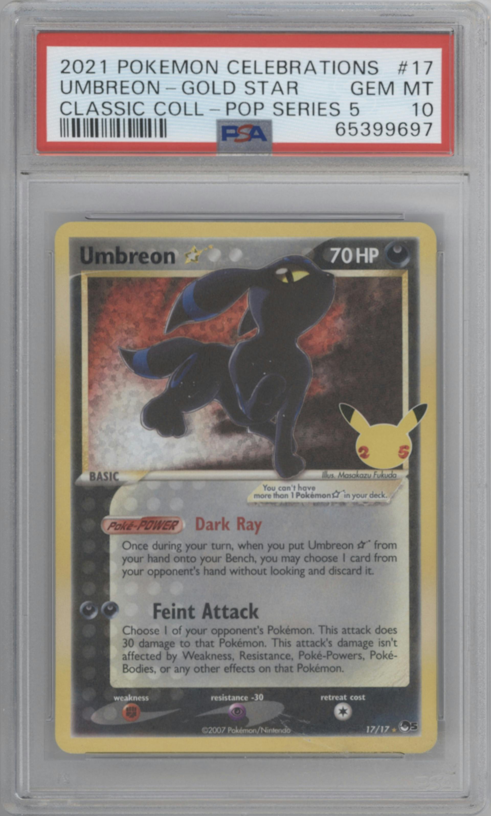 Umbreon Gold Star from the 2021 Pokemon SWSH set featuring a Pop Series 5 parallel graded by PSA and given an overall grade of 10.