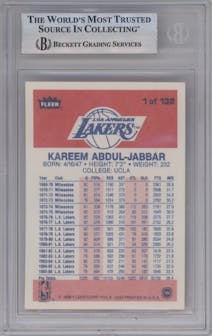Kareem Abdul-Jabbar from the 1986-87 Fleer set graded by Beckett and given an overall grade of 8.5.