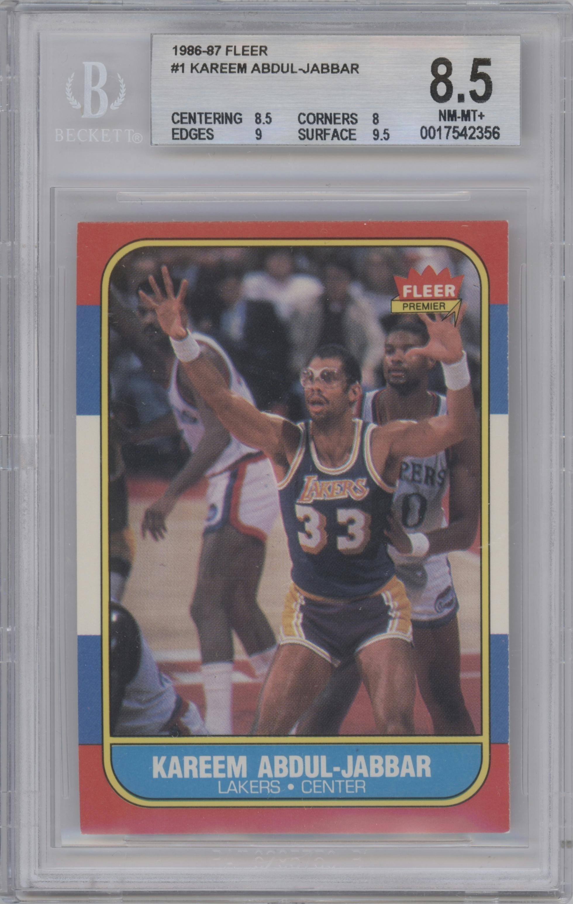 Kareem Abdul-Jabbar from the 1986-87 Fleer set graded by Beckett and given an overall grade of 8.5.