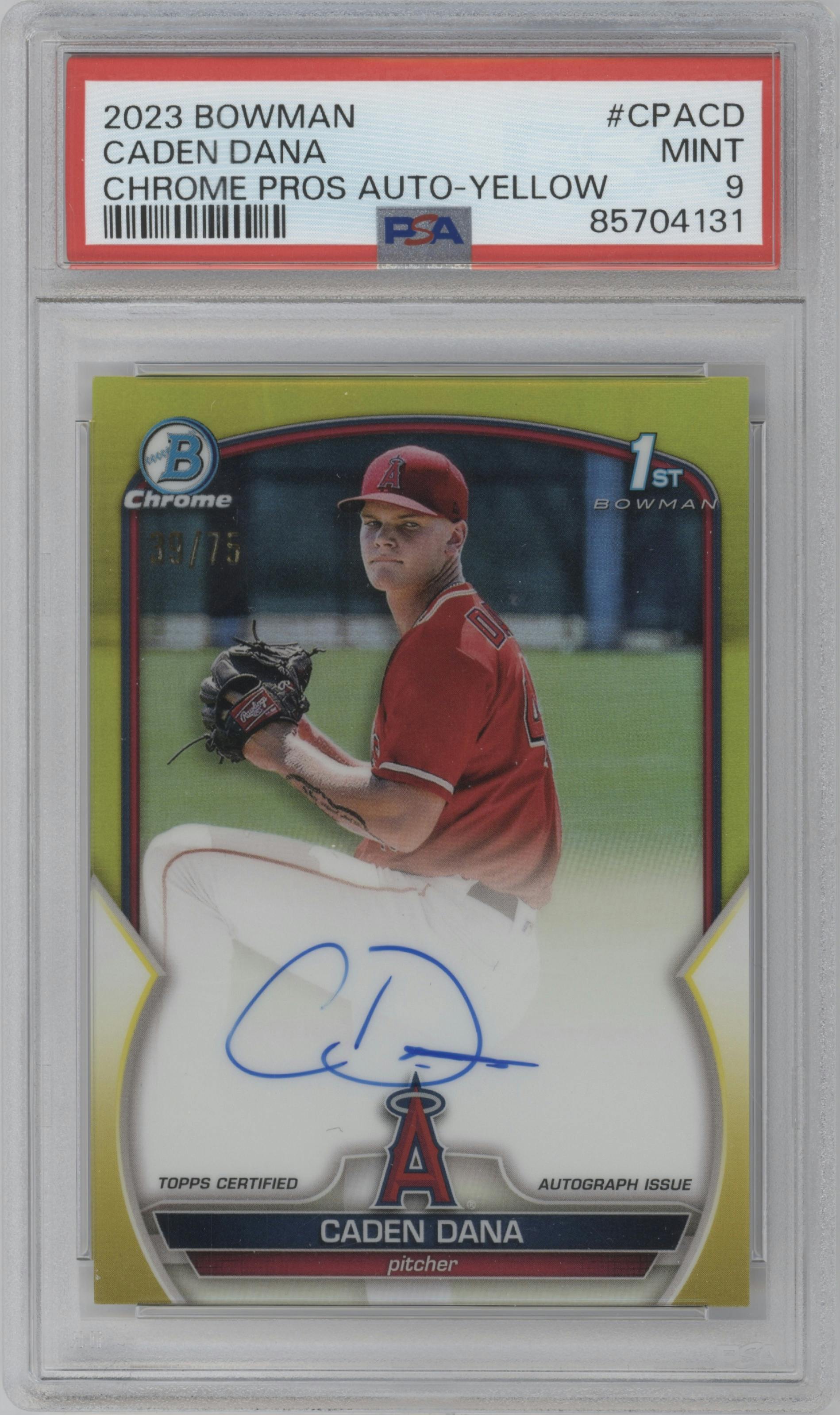 Caden Dana from the 2023 Bowman  set featuring a Yellow Refractor parallel graded by PSA and given an overall grade of 9.