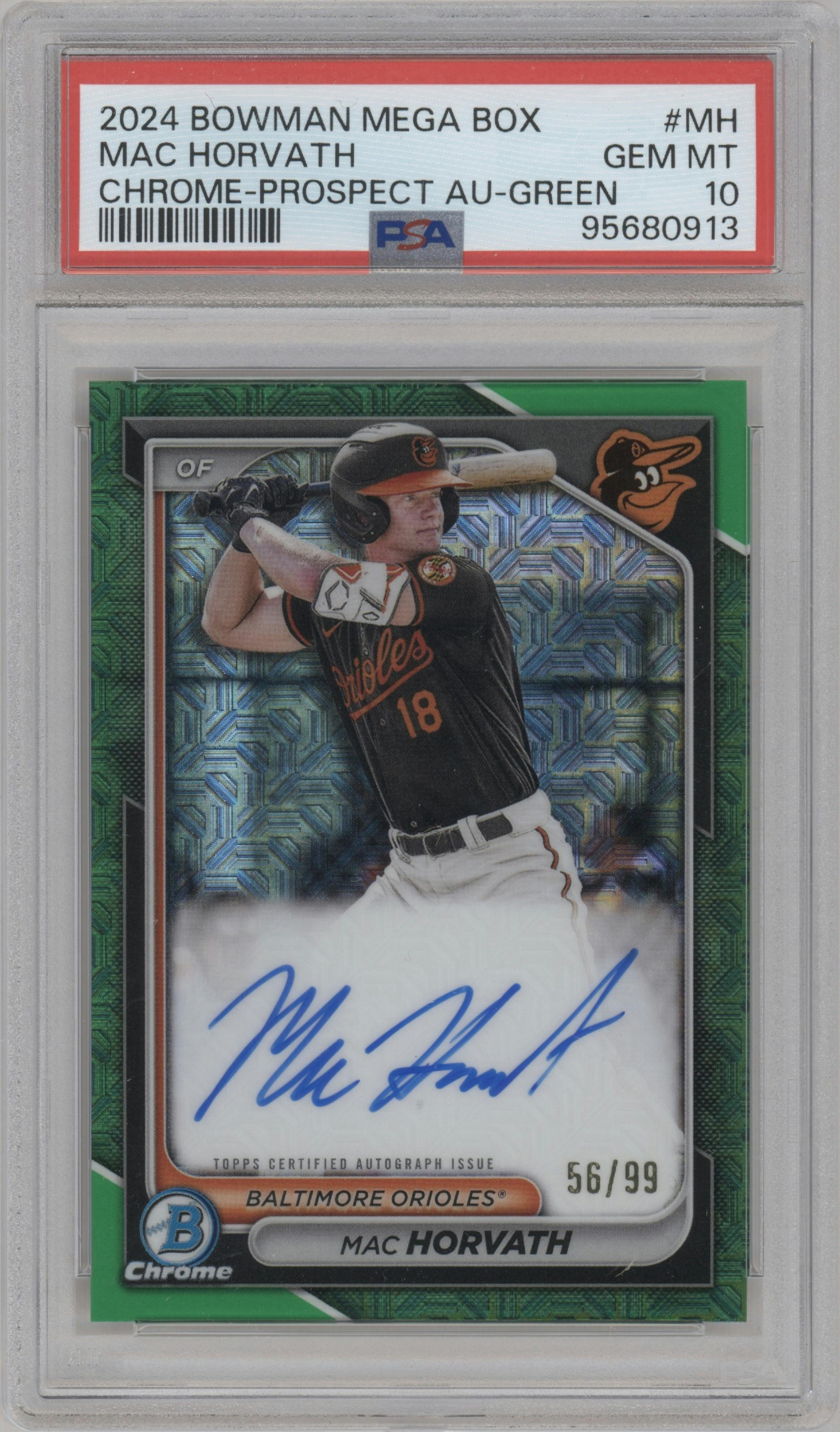 Mac Horvath from the 2024 Bowman Mega Box set featuring a Green Mega Refractor parallel graded by PSA and given an overall grade of 10.