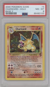 Charizard from the 2000 Pokemon set graded by PSA and given an overall grade of 8.