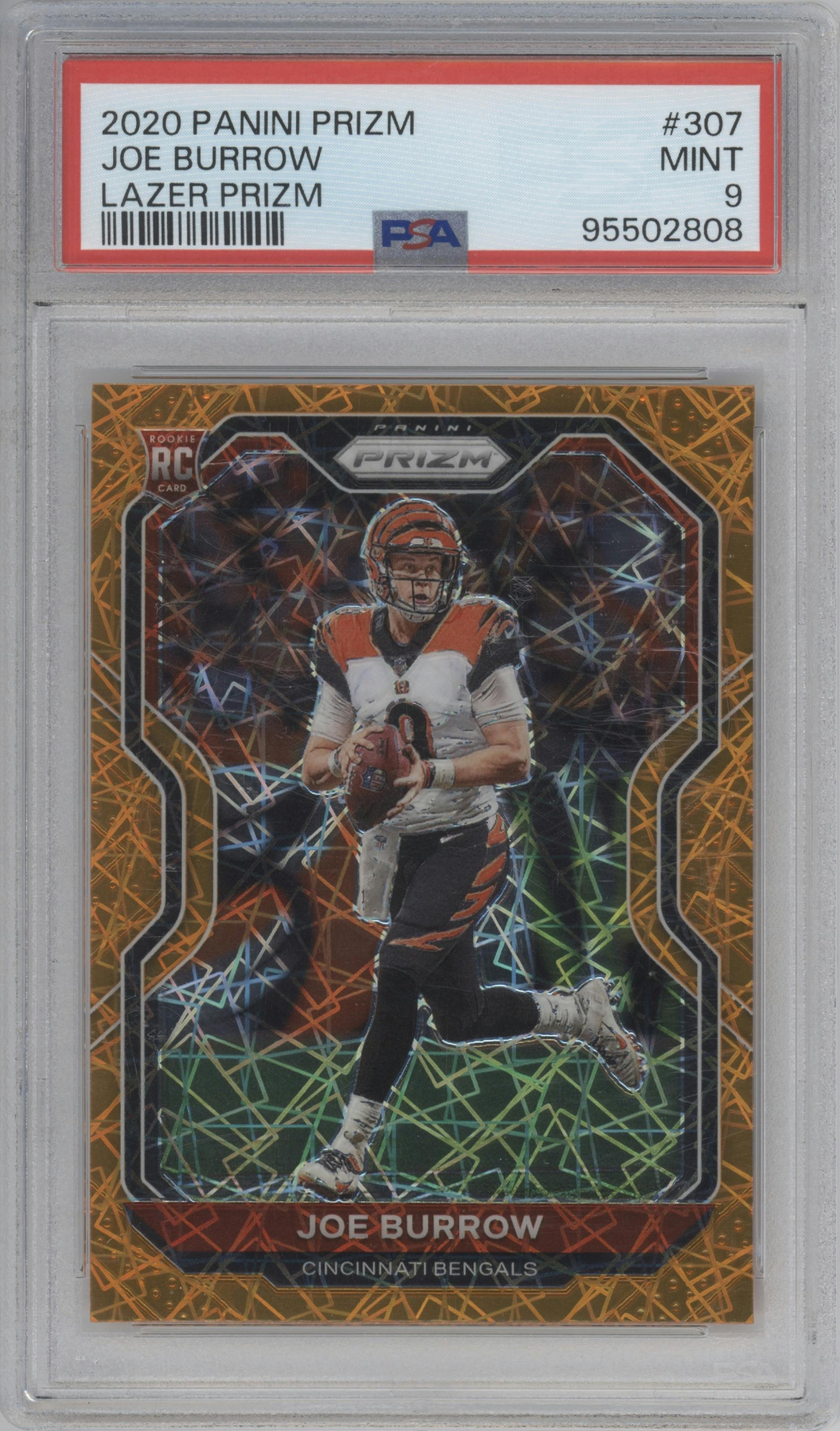 Joe Burrow from the 2020 Panini Prizm set featuring a Lazer parallel graded by PSA and given an overall grade of 9.