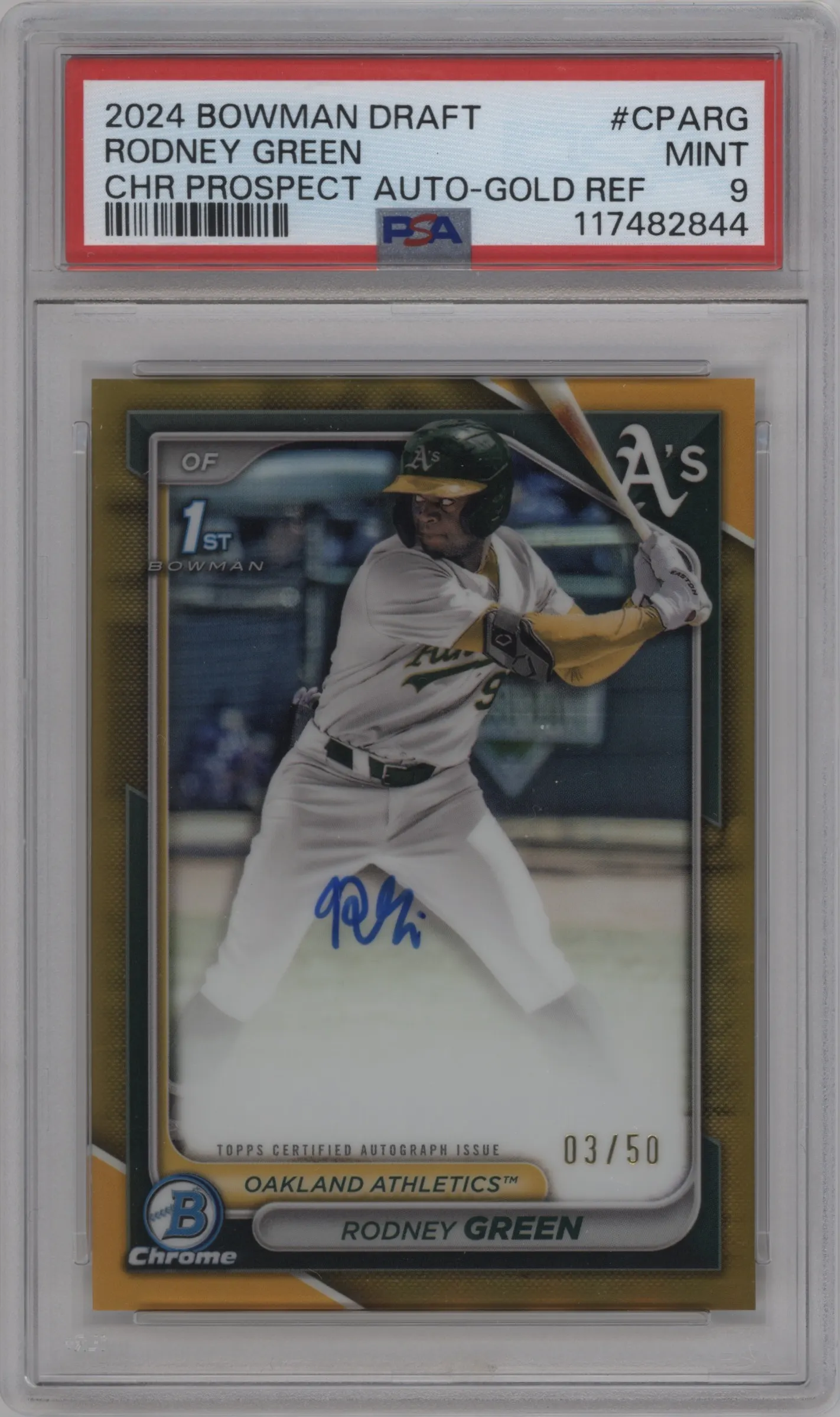 2024 Bowman Draft Chr.Pros.Auto Rodney Green Gold Refractor PSA 9