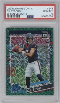 C.J. Stroud from the 2023 Donruss Optic set featuring a Green Velocity parallel graded by PSA and given an overall grade of 10.