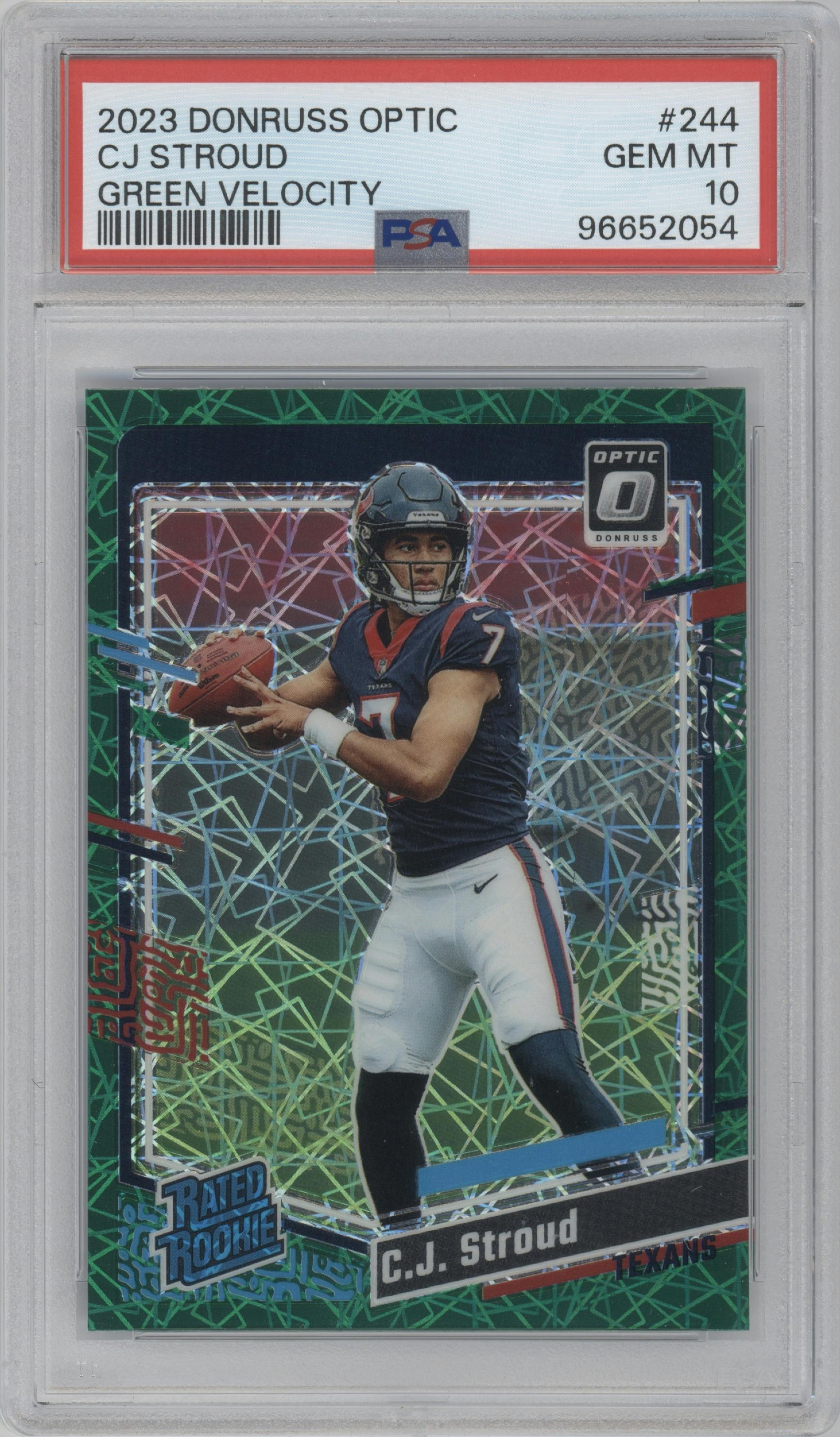 C.J. Stroud from the 2023 Donruss Optic set featuring a Green Velocity parallel graded by PSA and given an overall grade of 10.