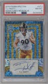 T.J. Watt from the 2019 Panini Spectra set featuring a Neon Blue parallel graded by PSA and given an overall grade of 8.