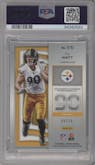 T.J. Watt from the 2019 Panini Spectra set featuring a Neon Blue parallel graded by PSA and given an overall grade of 8.