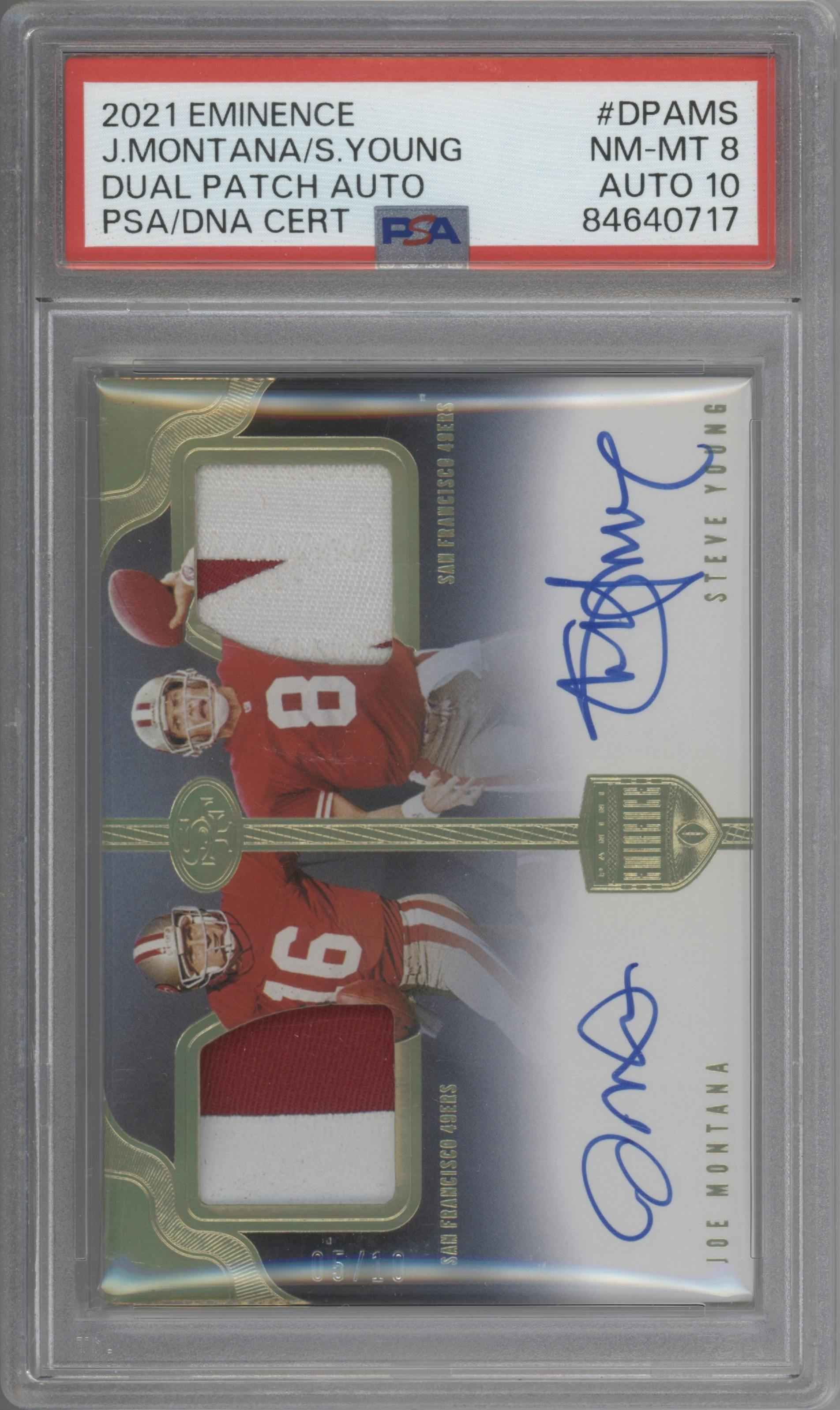 Joe Montana/Steve Young from the 2021 Panini Eminence set graded by PSA and given an overall grade of 8.