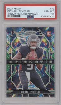 Michael Penix Jr. from the 2024 Panini Prizm set featuring a Green Wave parallel graded by PSA and given an overall grade of 10.