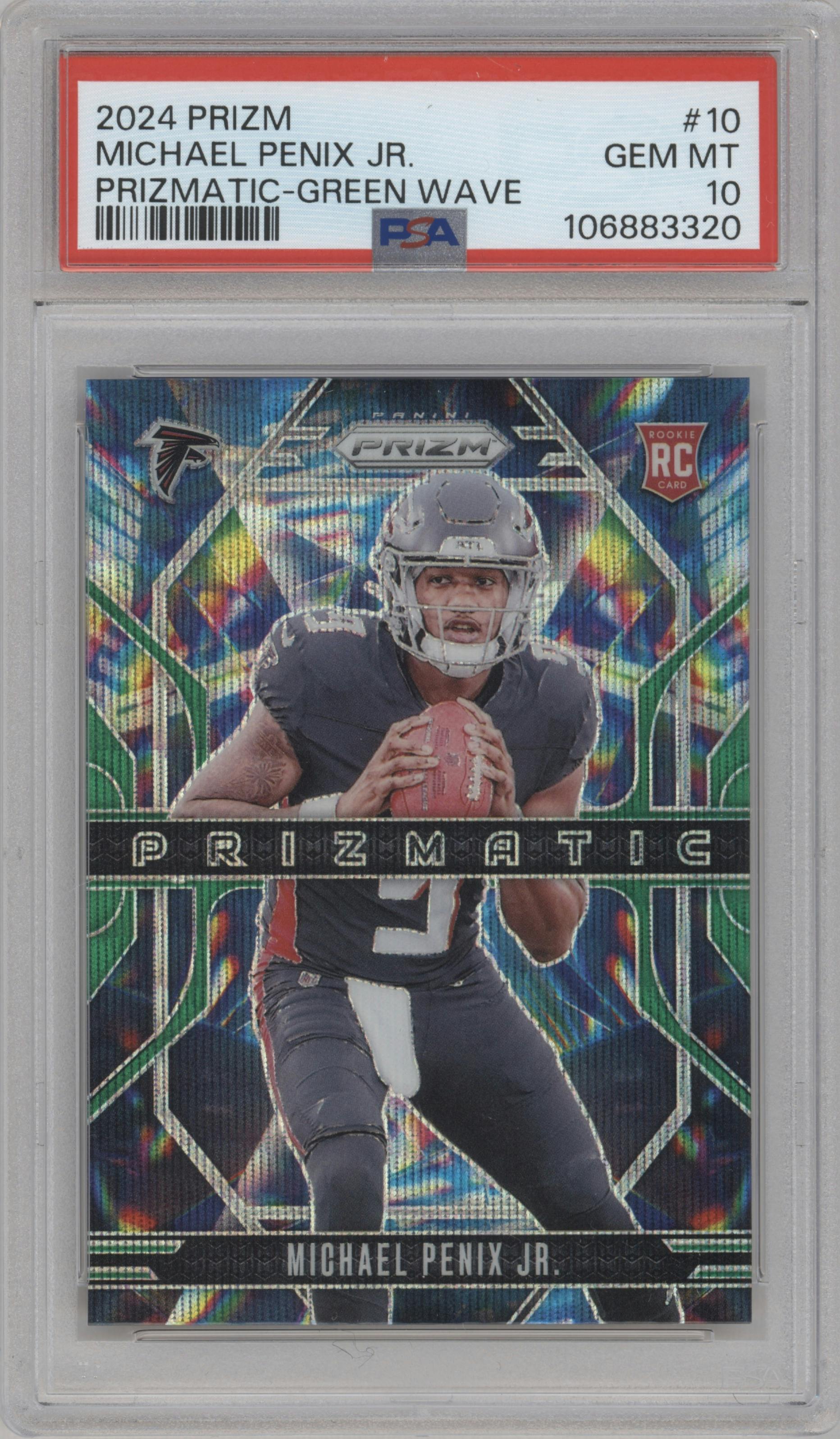 Michael Penix Jr. from the 2024 Panini Prizm set featuring a Green Wave parallel graded by PSA and given an overall grade of 10.
