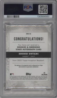 Shohei Ohtani from the 2022 Topps Inception set featuring a Red parallel graded by PSA and given an overall grade of 10.